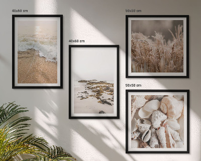 Conjunto de 4 quadros com moldura Grama de praia, ondas, pedras, estilo boho