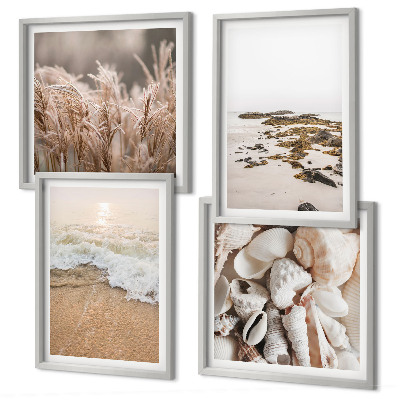 Conjunto de 4 quadros com moldura Grama de praia, ondas, pedras, estilo boho