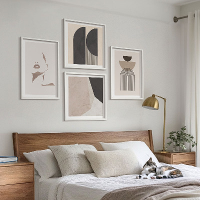 Conjunto de 4 quadros com moldura Padrões abstratos em branco e marrom