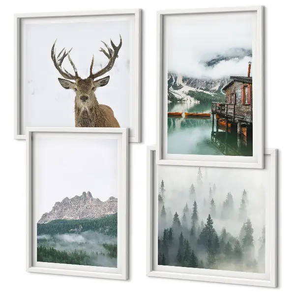 Políptico com moldura com paisagem de montanhas, lago, veados, cabana e neblina