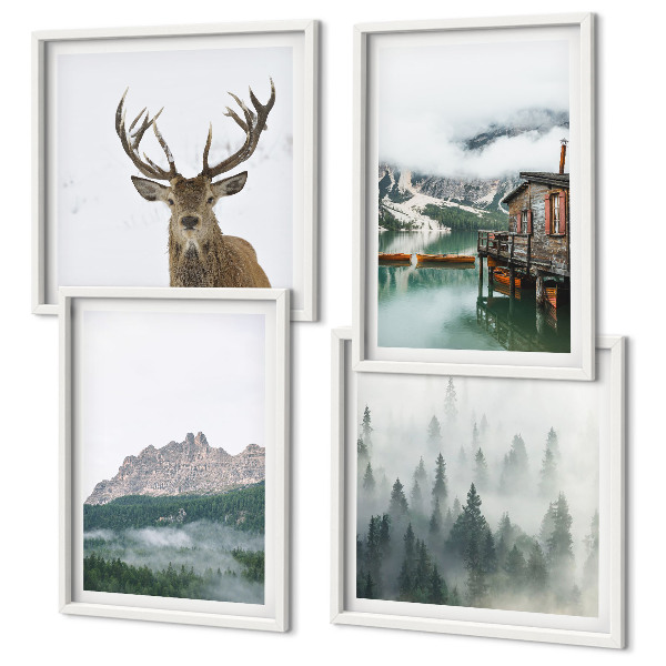 Políptico com moldura Montanhas, lago, veados, cabana, neblina
