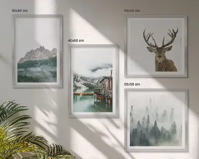 Políptico com moldura com paisagem de montanhas, lago, veados, cabana e neblina