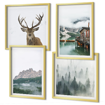 Políptico com moldura Montanhas, lago, veados, cabana, neblina
