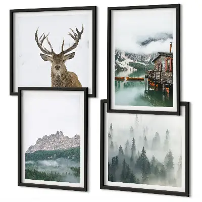 Políptico com moldura com paisagem de montanhas, lago, veados, cabana e neblina