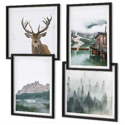 Políptico com moldura Montanhas, lago, veados, cabana, neblina