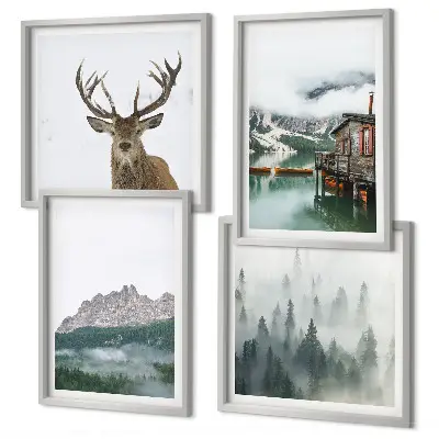 Políptico com moldura com paisagem de montanhas, lago, veados, cabana e neblina