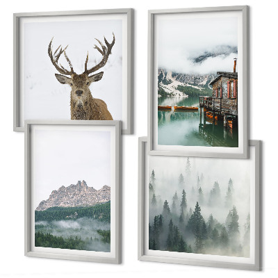 Políptico com moldura Montanhas, lago, veados, cabana, neblina