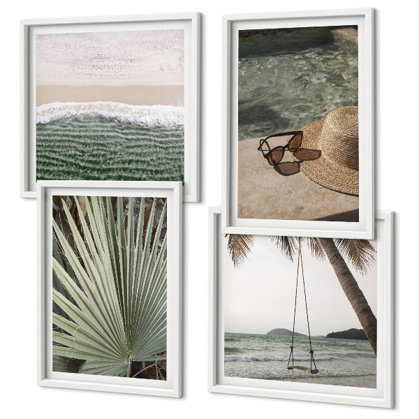 Conjunto de 4 quadros com moldura férias em folha de balanço de praia