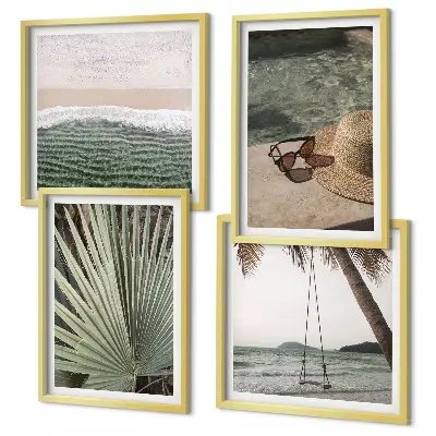 Conjunto de 4 quadros com moldura cenário de férias na praia em tons de folha de balanço