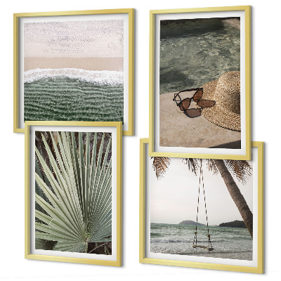 Conjunto de 4 quadros com moldura férias em folha de balanço de praia