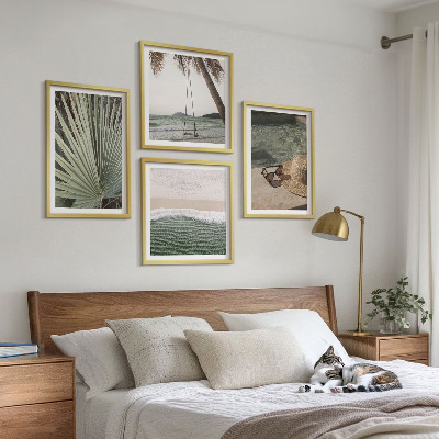 Conjunto de 4 quadros com moldura férias em folha de balanço de praia