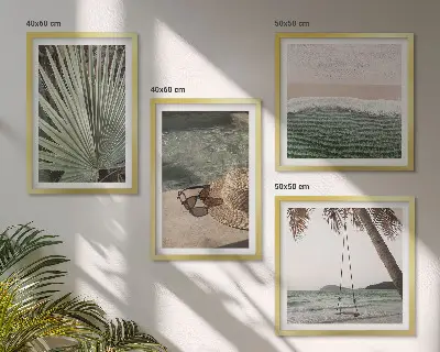 Conjunto de 4 quadros com moldura cenário de férias na praia em tons de folha de balanço