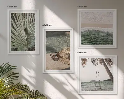 Conjunto de 4 quadros com moldura cenário de férias na praia em tons de folha de balanço