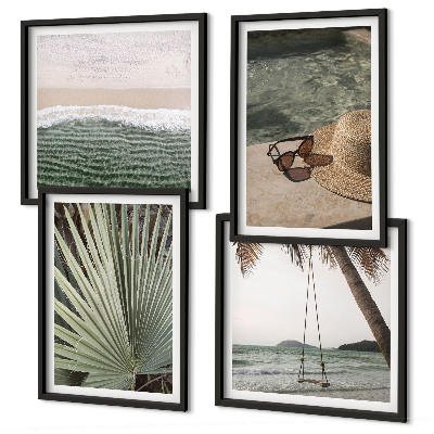 Conjunto de 4 quadros com moldura férias em folha de balanço de praia