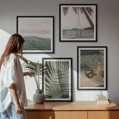 Conjunto de 4 quadros com moldura férias em folha de balanço de praia
