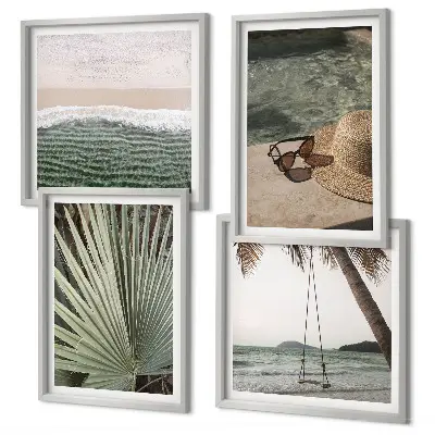 Conjunto de 4 quadros com moldura cenário de férias na praia em tons de folha de balanço