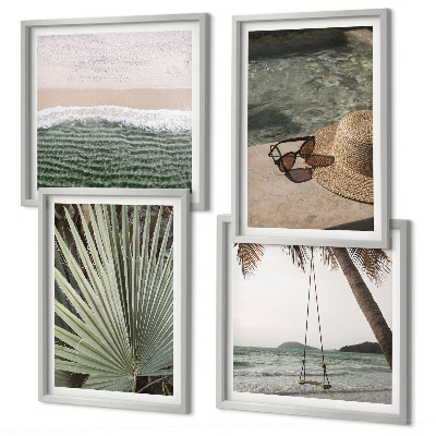 Conjunto de 4 quadros com moldura férias em folha de balanço de praia