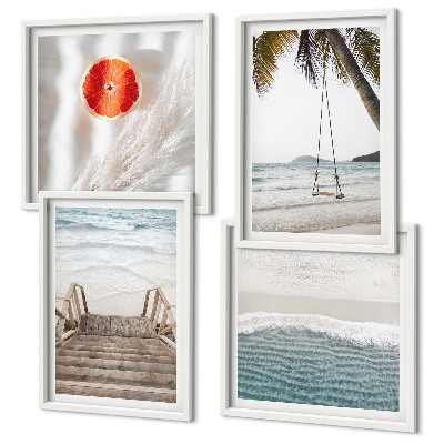 Conjunto de 4 quadros com moldura atmosfera de escadaria de madeira na praia