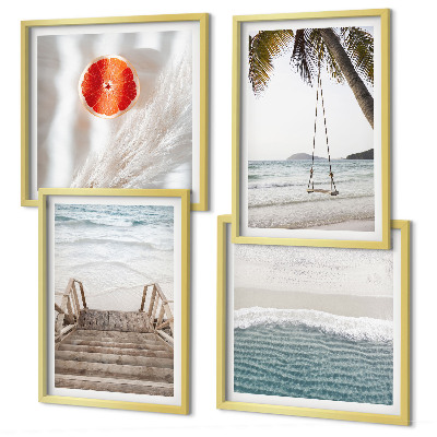 Conjunto de 4 quadros com moldura atmosfera de escadaria de madeira na praia