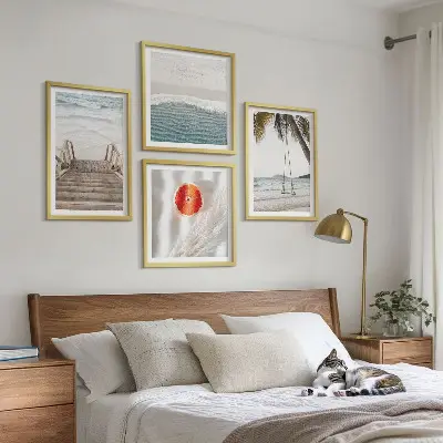 Conjunto de 4 quadros com moldura com estética de escadaria de madeira na praia