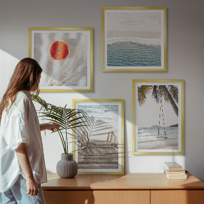 Conjunto de 4 quadros com moldura atmosfera de escadaria de madeira na praia