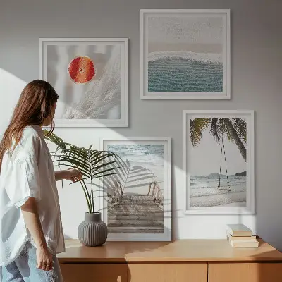 Conjunto de 4 quadros com moldura com estética de escadaria de madeira na praia