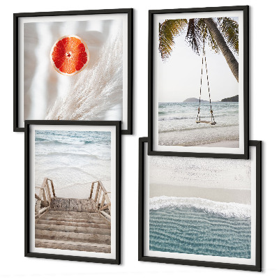 Conjunto de 4 quadros com moldura atmosfera de escadaria de madeira na praia