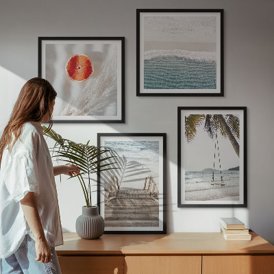 Conjunto de 4 quadros com moldura atmosfera de escadaria de madeira na praia