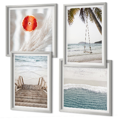 Conjunto de 4 quadros com moldura atmosfera de escadaria de madeira na praia