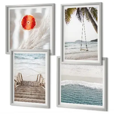 Conjunto de 4 quadros com moldura com estética de escadaria de madeira na praia