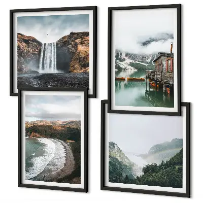 Políptico com moldura paisagem de montanhas nuvens e água