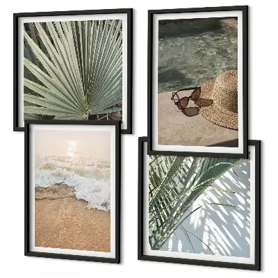 Composição de quadros chapéu de praia aquático e óculos de sol