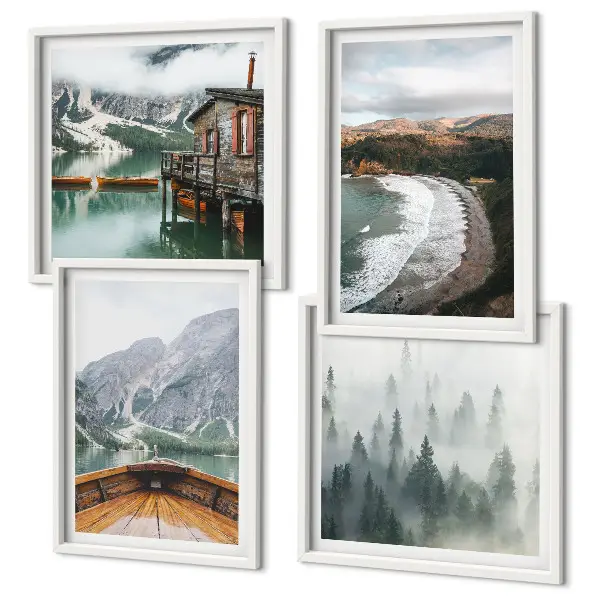 Conjunto de 4 quadros com moldura de montanhas, lago, barco, neblina e praia