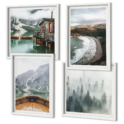 Conjunto de 4 quadros com moldura de montanhas, lago, barco, neblina e praia