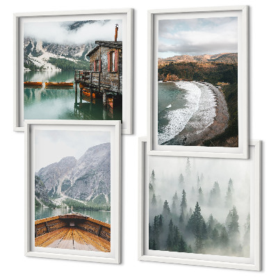 Conjunto de 4 quadros com moldura Montanhas, lago, barco, neblina, praia