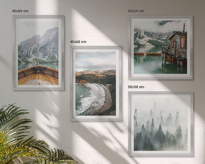 Conjunto de 4 quadros com moldura Montanhas, lago, barco, neblina, praia