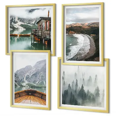 Conjunto de 4 quadros com moldura de montanhas, lago, barco, neblina e praia