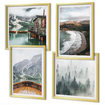 Conjunto de 4 quadros com moldura Montanhas, lago, barco, neblina, praia