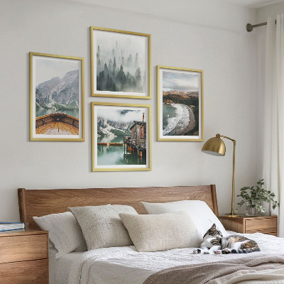 Conjunto de 4 quadros com moldura Montanhas, lago, barco, neblina, praia