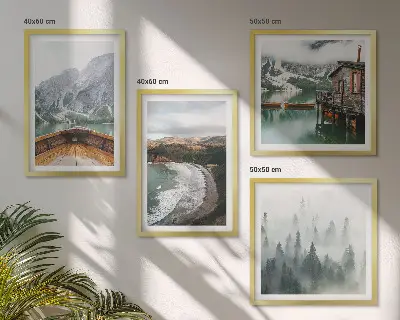 Conjunto de 4 quadros com moldura de montanhas, lago, barco, neblina e praia