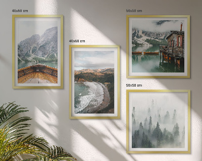 Conjunto de 4 quadros com moldura Montanhas, lago, barco, neblina, praia