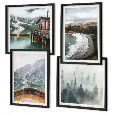 Conjunto de 4 quadros com moldura de montanhas, lago, barco, neblina e praia