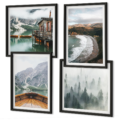 Conjunto de 4 quadros com moldura Montanhas, lago, barco, neblina, praia