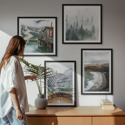 Conjunto de 4 quadros com moldura Montanhas, lago, barco, neblina, praia