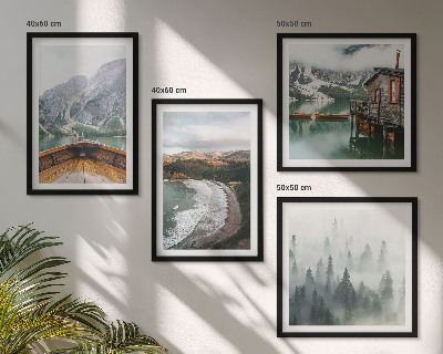 Conjunto de 4 quadros com moldura Montanhas, lago, barco, neblina, praia