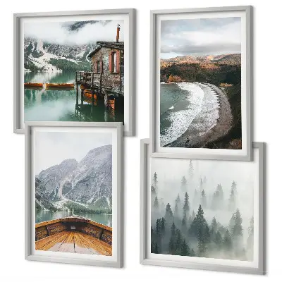Conjunto de 4 quadros com moldura de montanhas, lago, barco, neblina e praia