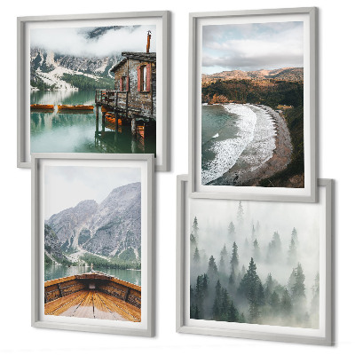Conjunto de 4 quadros com moldura Montanhas, lago, barco, neblina, praia