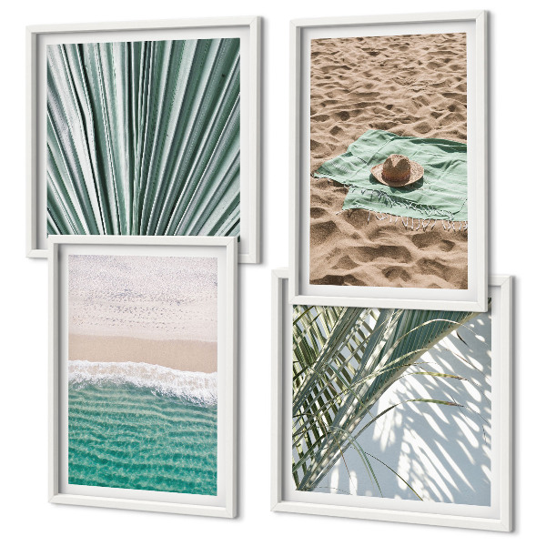 Conjunto de 4 quadros com moldura Vistas de férias para a praia e o mar