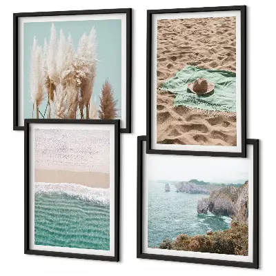 Políptico com moldura chapéu de palha com ondas de praia