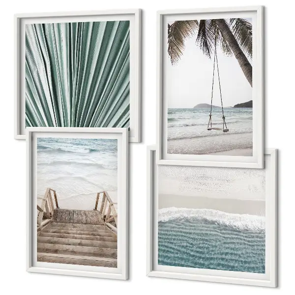 Conjunto de 4 quadros com moldura tema férias tropicais